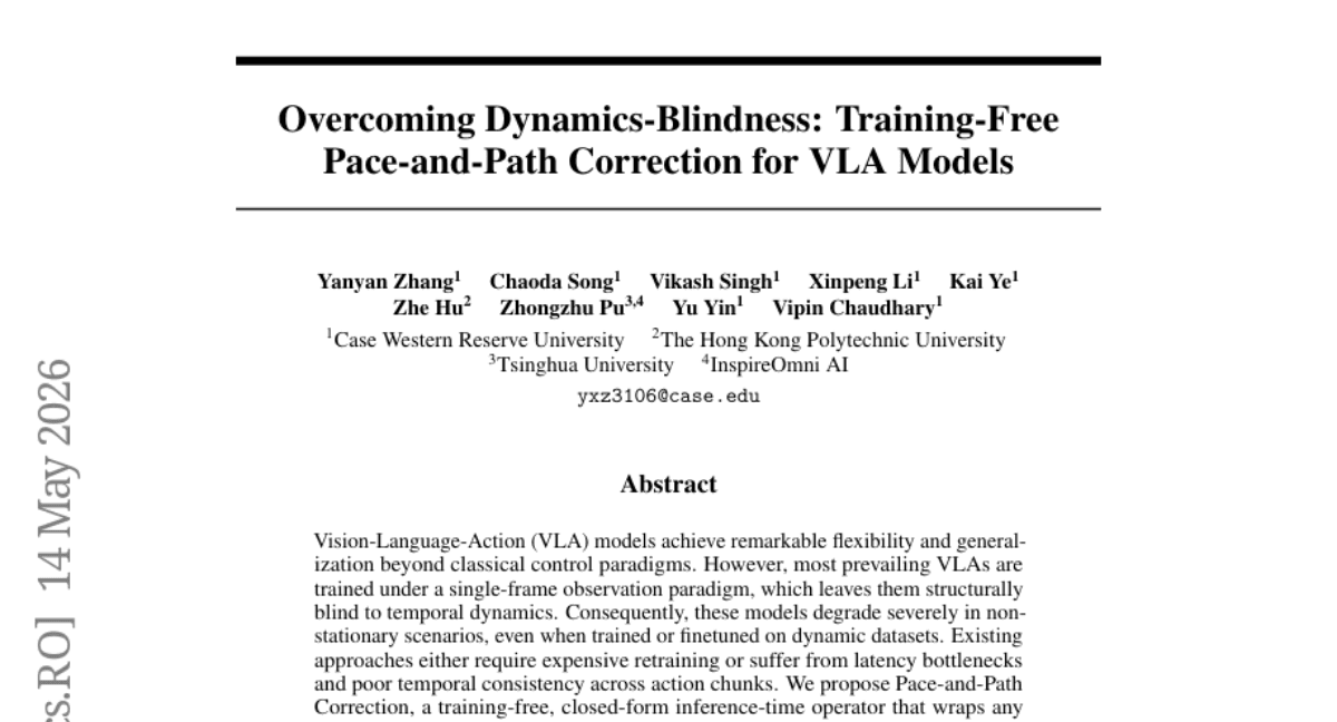 Overcoming Dynamics-Blindness: Training-Free Pace-and-Path Correction for VLA Models