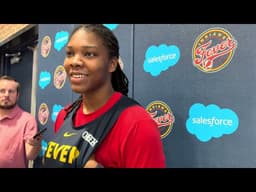 Indiana Fever forward Myisha Hines-Allen speaks to reporters before Fever practice