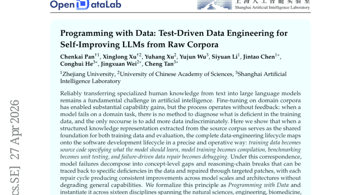 Programming with Data: Test-Driven Data Engineering for Self-Improving LLMs from Raw Corpora