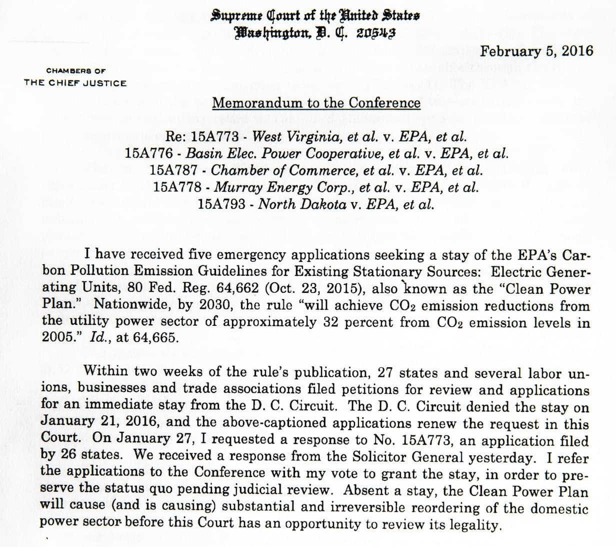 221. Chief Justice Roberts and the Clean Power Plan