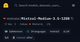 @huggingface reposted: Mistral Medium 3.5 is out

and it's a dense 128B model https://t.co/n87jZ6Irld