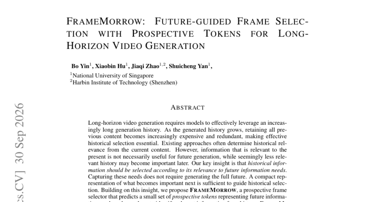 FrameMorrow: Future-guided Frame Selection with Prospective Tokens for Long-Horizon Video Generation