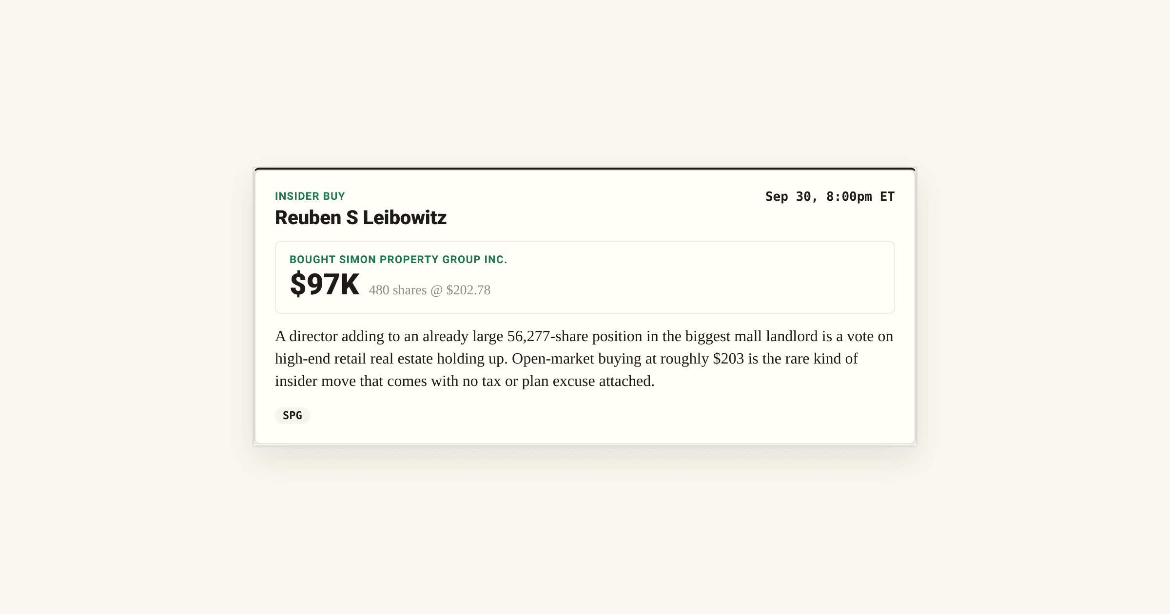 Director Reuben Leibowitz buys 480 more shares at $203