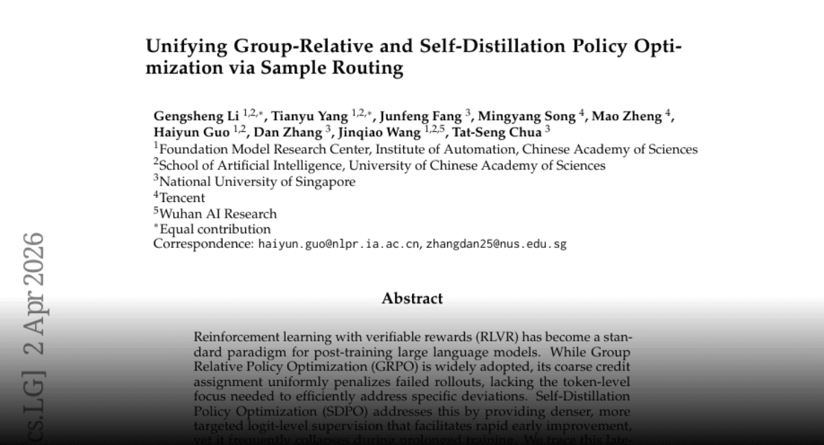 Paper page - Unifying Group-Relative and Self-Distillation Policy Optimization via Sample Routing