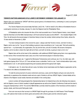 @TheSteinLine: The Raptors say they will retire Kyle Lowry’s No. 7 against Philadelphia on Jan. 10: https://t.co/GI...