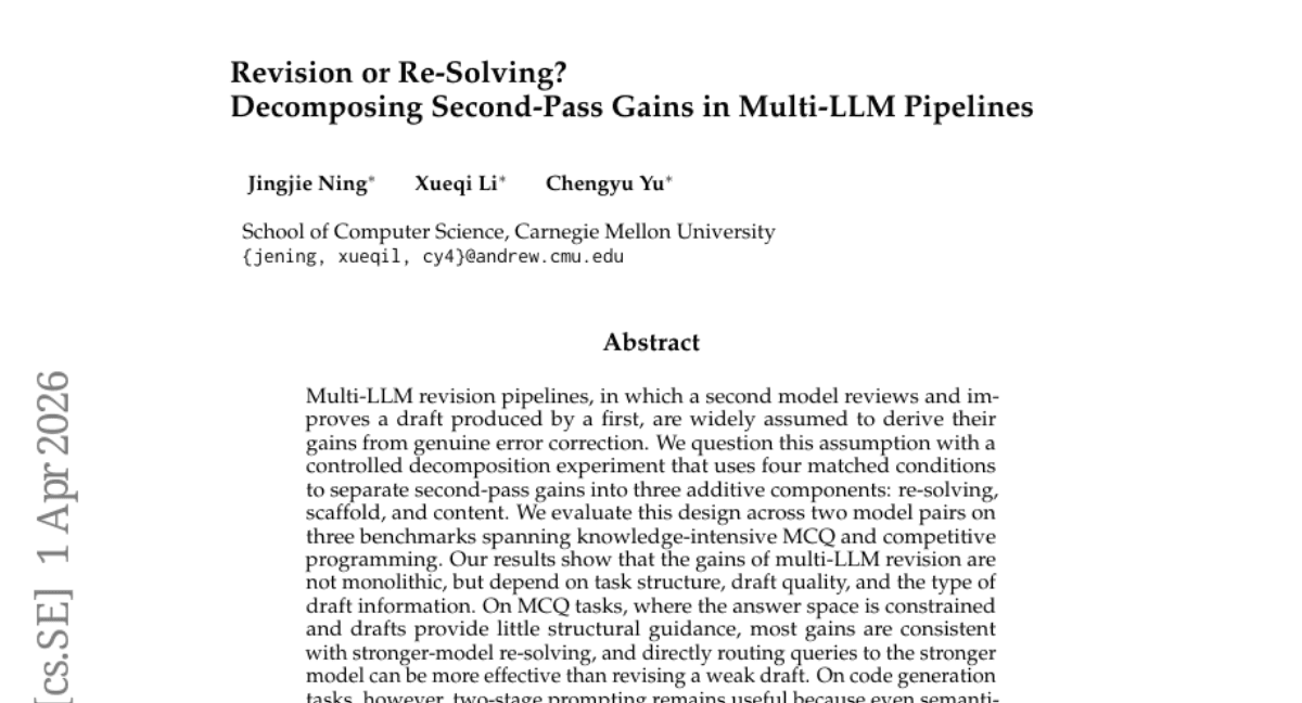 Revision or Re-Solving? Decomposing Second-Pass Gains in Multi-LLM Pipelines