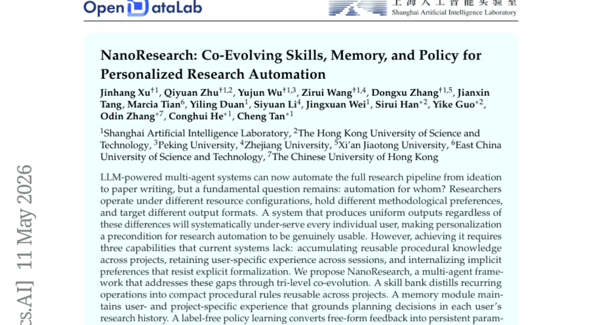 NanoResearch: Co-Evolving Skills, Memory, and Policy for Personalized Research Automation
