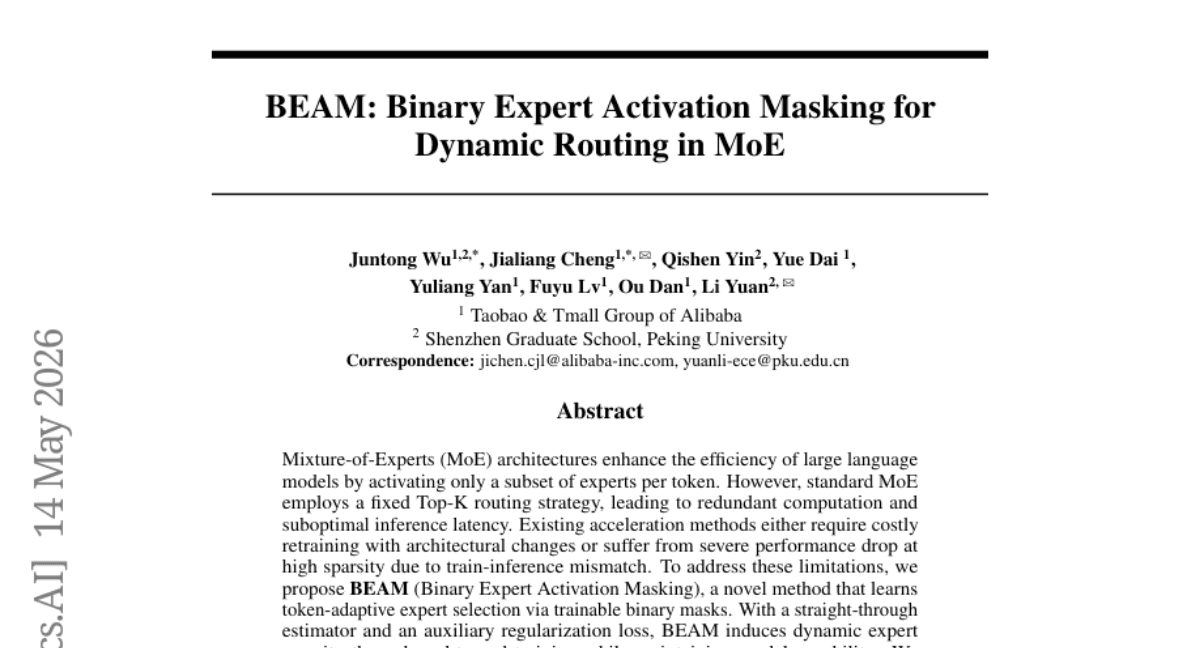 BEAM: Binary Expert Activation Masking for Dynamic Routing in MoE