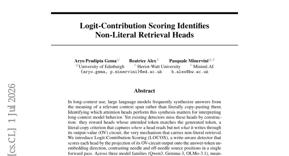 Logit-Contribution Scoring Identifies Non-Literal Retrieval Heads