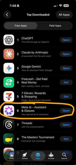 @alexandr_wang: Meta AI is up to #6 in the App Store overnight, and still growing :)

Also who knew the 7-Eleven app...