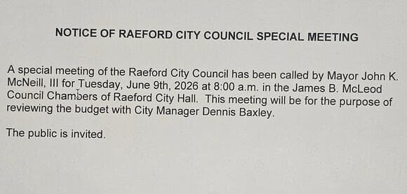 Raeford City Council Schedules Special Meeting