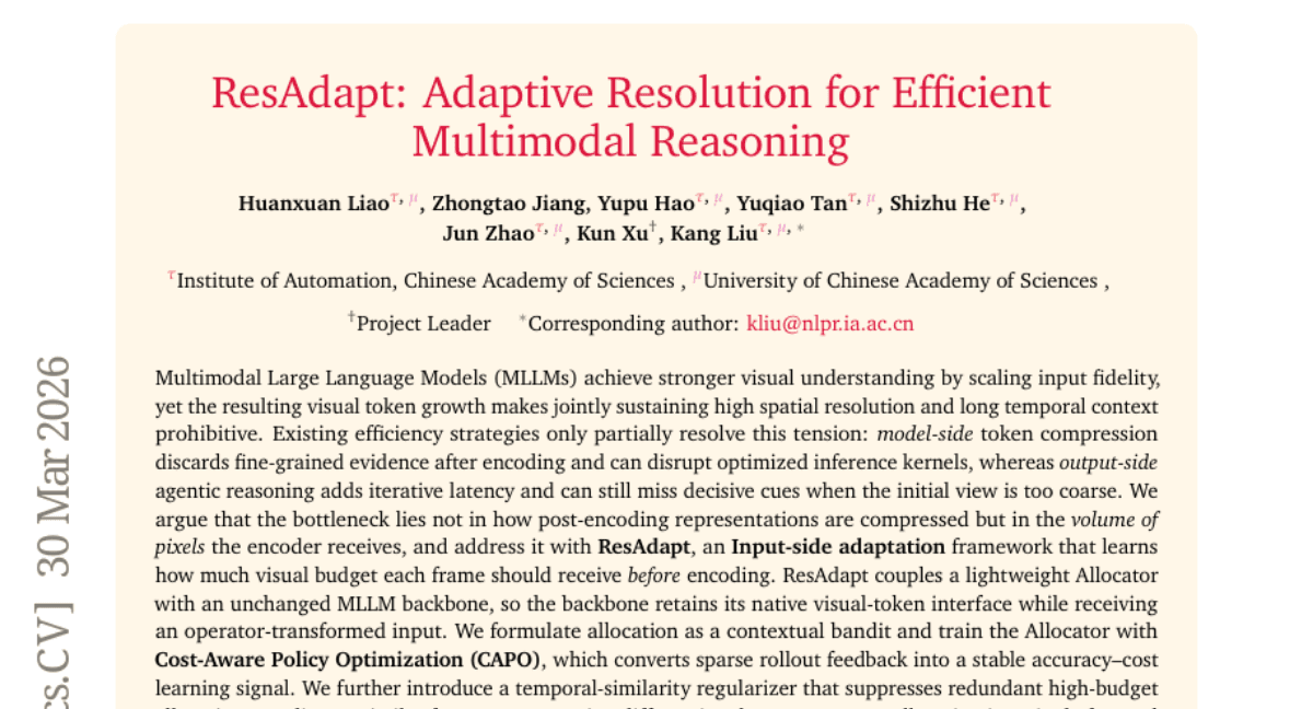 ResAdapt: Adaptive Resolution for Efficient Multimodal Reasoning