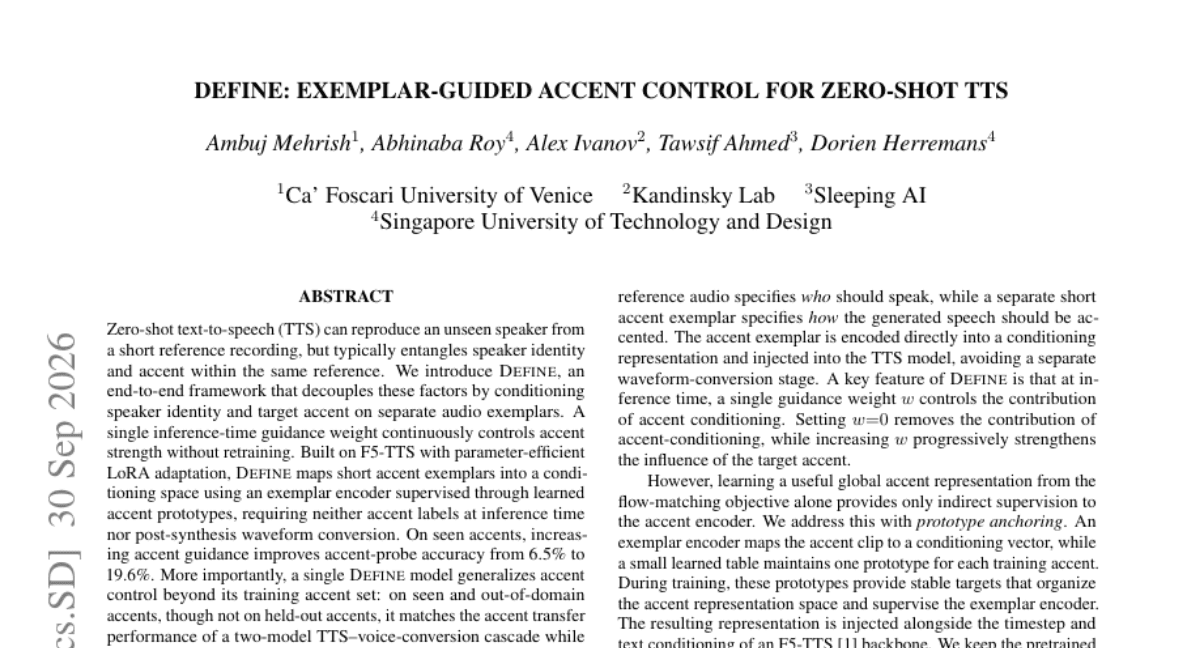 DEFINE: Exemplar-Guided Accent Control for Zero-Shot TTS