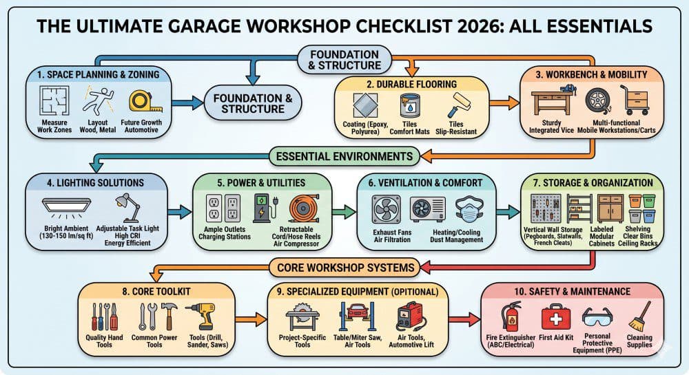 The Ultimate Garage Workshop Checklist 2026: 50 Essentials for the Serious DIYer (Organized by Priority) - Pro Garage Gear