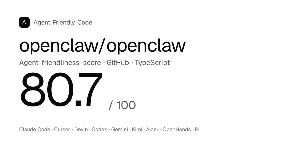 openclaw/openclaw — 80.7 / 100 - Agent Friendly Code