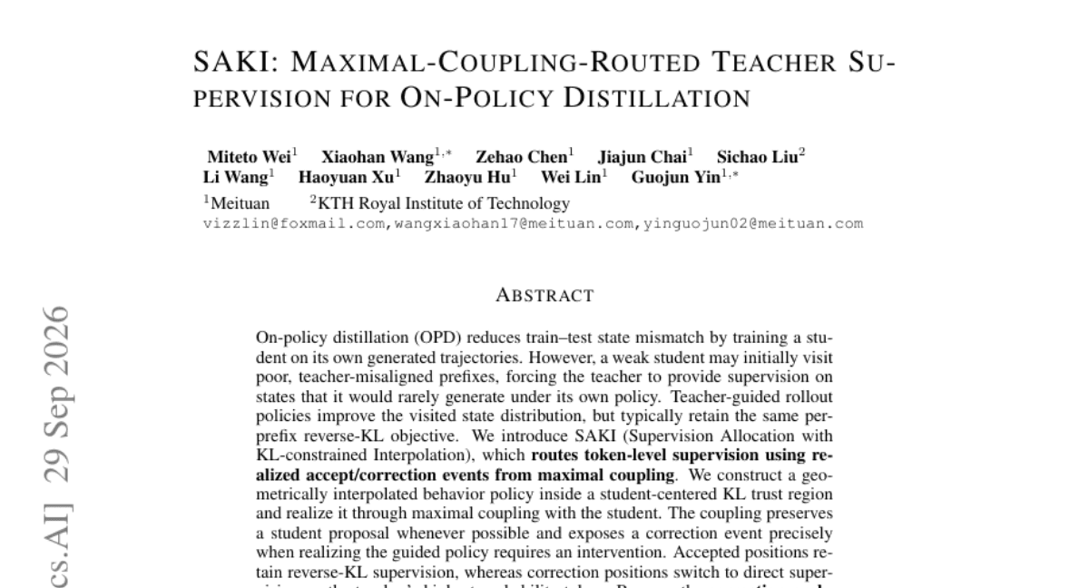 SAKI: Maximal-Coupling-Routed Teacher Supervision for On-Policy Distillation