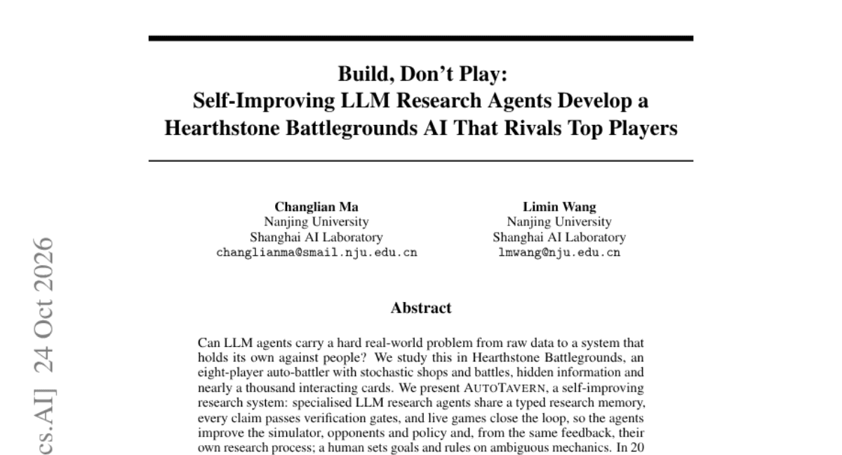 Build, Don't Play: Self-Improving LLM Research Agents Develop a Hearthstone Battlegrounds AI That Rivals Top Players