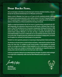 @TheSteinLine: A letter from Bucks GM Jon Horst to Milwaukee fans after the trade sending Giannis Antetokounmpo to ...