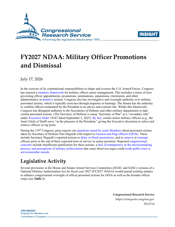 FY2027 NDAA: Military Officer Promotions and Dismissal