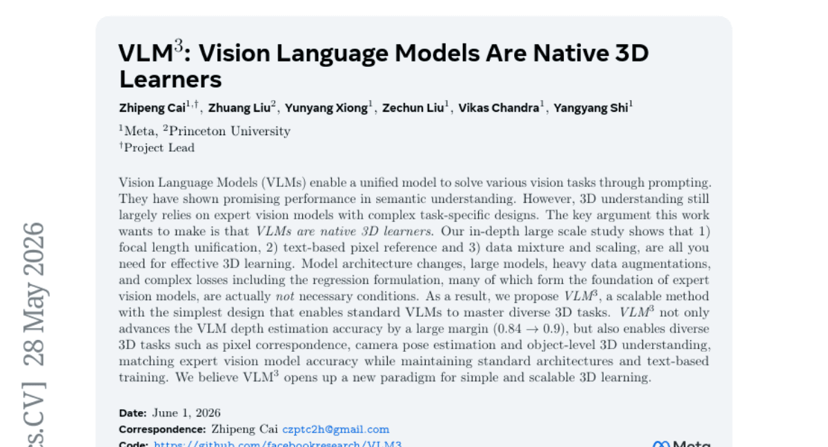 VLM3: Vision Language Models Are Native 3D Learners
