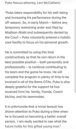 @RapSheet: A statement from attorney Levi McCathern, who represents #Rams star WR Puka Nacua — who is currently...