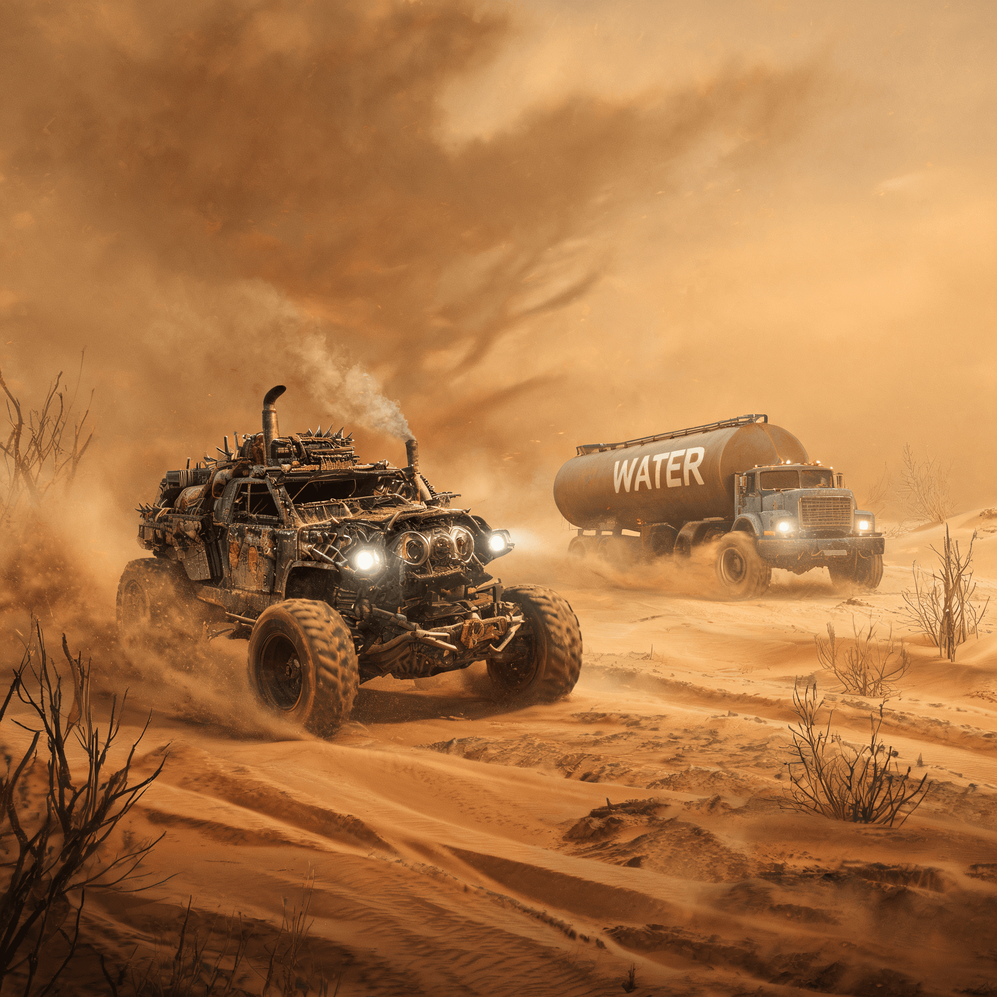 Post-apoc war vehicle chases last water in sandstorm wasteland