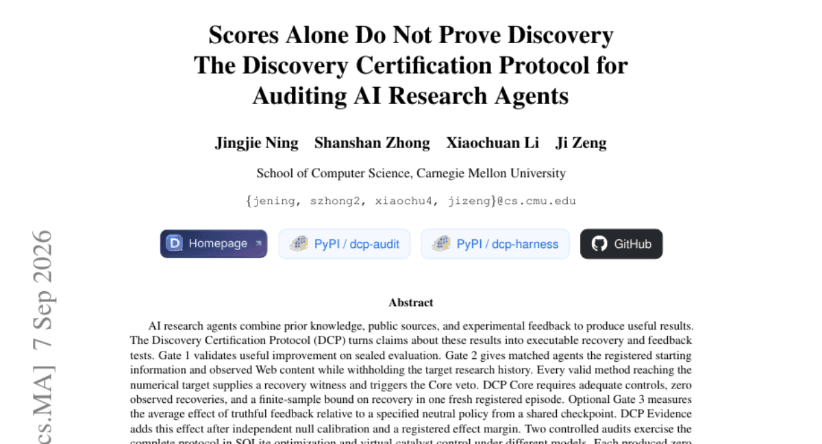 Scores Alone Do Not Prove Discovery: The Discovery Certification Protocol for Auditing AI Research Agents