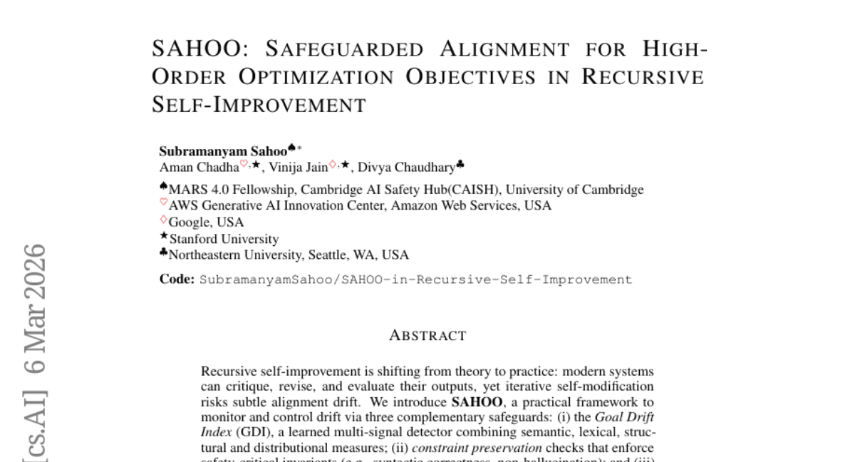 SAHOO: Safeguarded Alignment for High-Order Optimization Objectives in Recursive Self-Improvement
