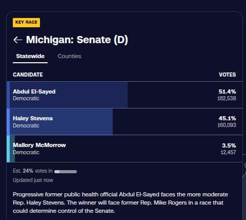 Michigan Senate race: El-Sayed UP by 6 points., with 24% votes in