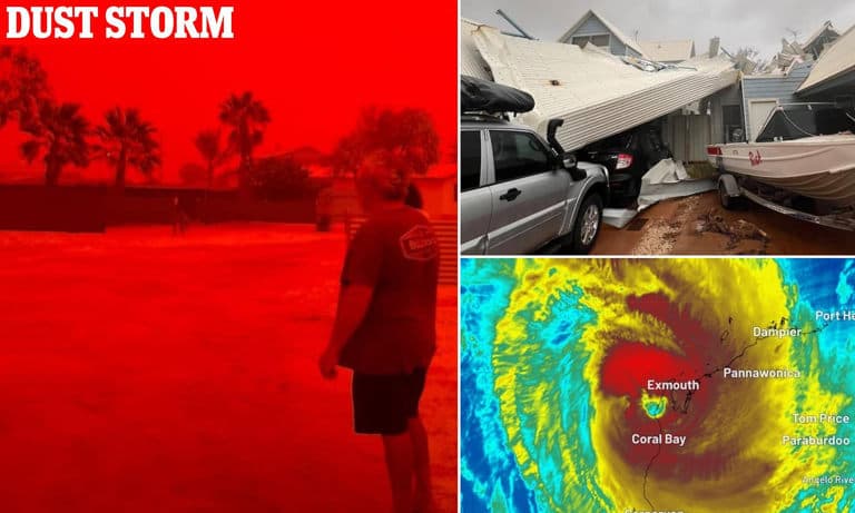 Aussies survey cyclone chaos as fierce 100km/h winds coat an entire city in a red dust cloud