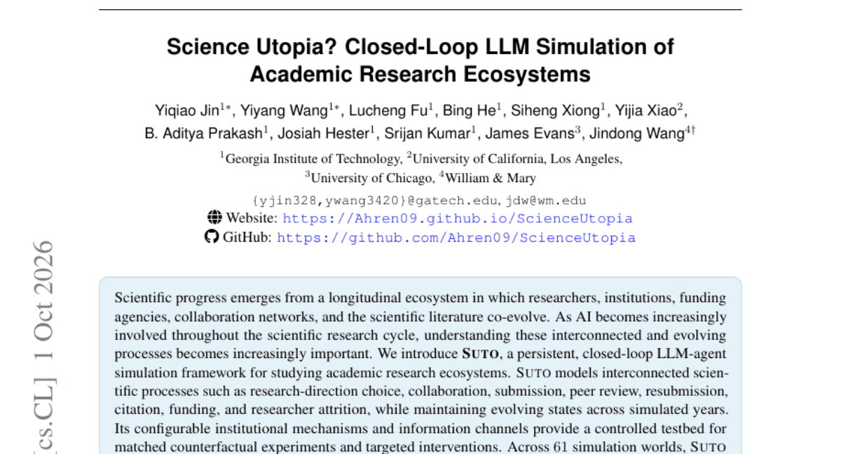 Science Utopia? Closed-Loop LLM Simulation of Academic Research Ecosystems