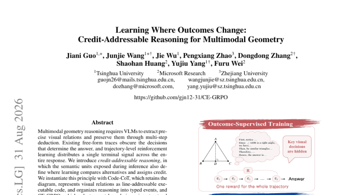 Learning Where Outcomes Change:Credit-Addressable Reasoning for Multimodal Geometry