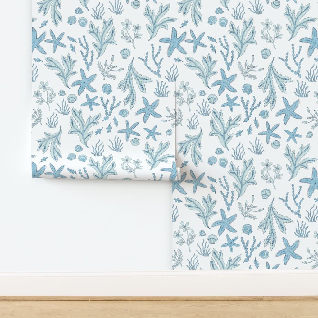 Large - Blue and White Coastal Florals and Shells Wallpaper