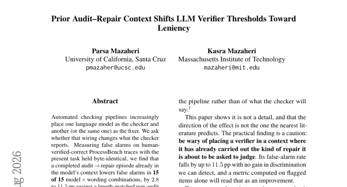 Prior Audit-Repair Context Shifts LLM Verifier Thresholds Toward Leniency