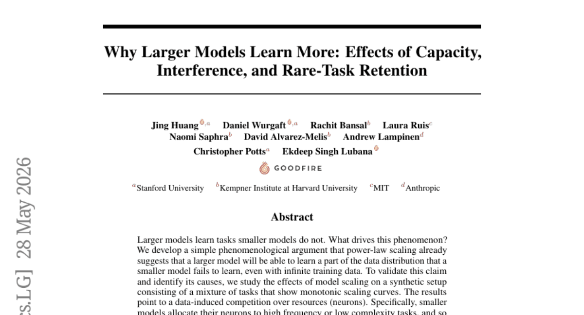 Why Larger Models Learn More: Effects of Capacity, Interference, and Rare-Task Retention