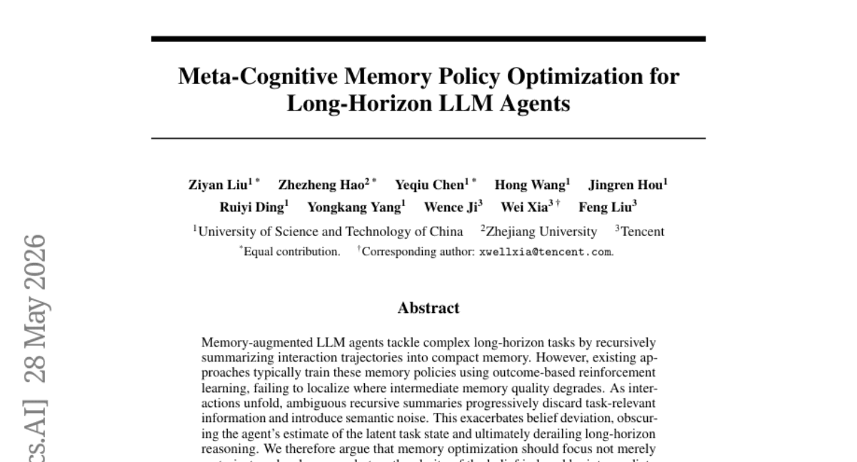 Meta-Cognitive Memory Policy Optimization for Long-Horizon LLM Agents