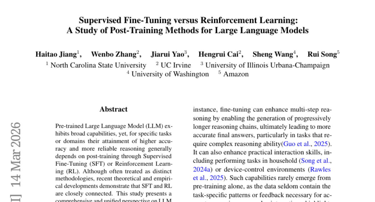 Supervised Fine-Tuning versus Reinforcement Learning: A Study of Post-Training Methods for Large Language Models