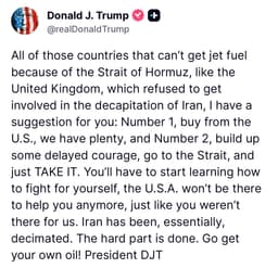 @POTUS reposted: “All of those countries that can’t get jet fuel because of the Strait of Hormuz,...