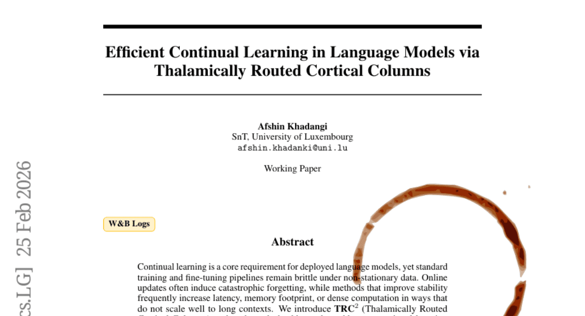 Efficient Continual Learning in Language Models via Thalamically Routed Cortical Columns