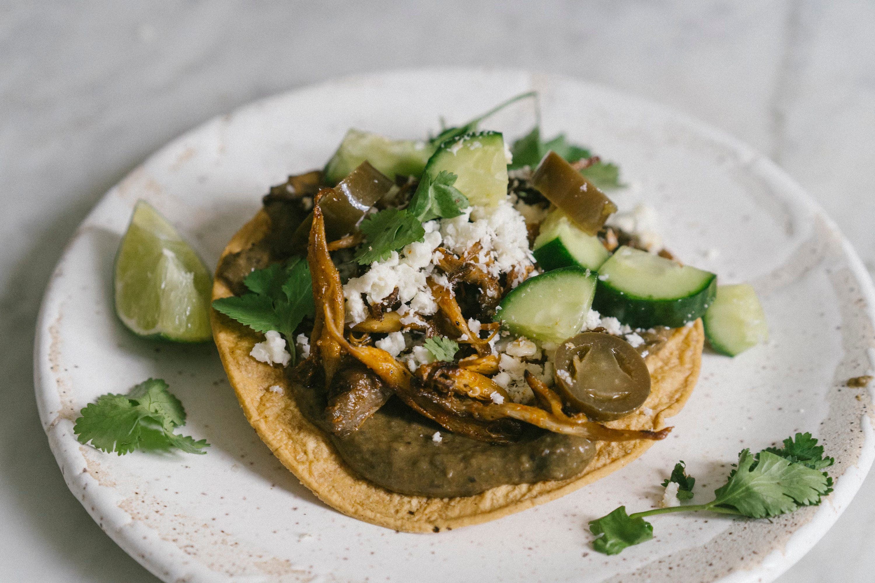 Pulled mushroom and black bean tostada (with correct link!)