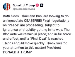 @POTUS reposted: “Both sides, Israel and Iran, are looking to do an immediate CEASEFIRE! Final ne...