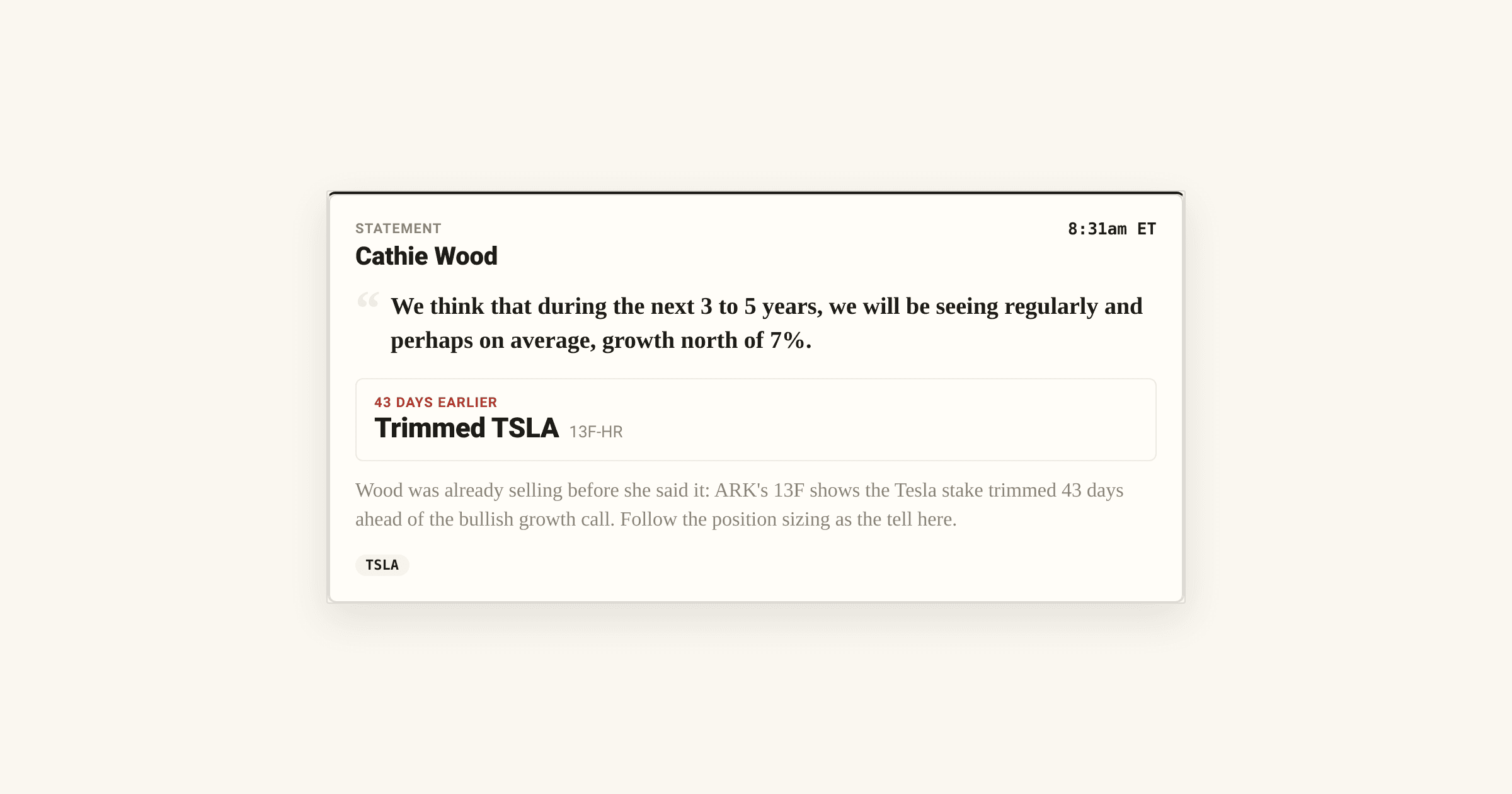 ARK trimmed Tesla 43 days before Wood's bullish growth call