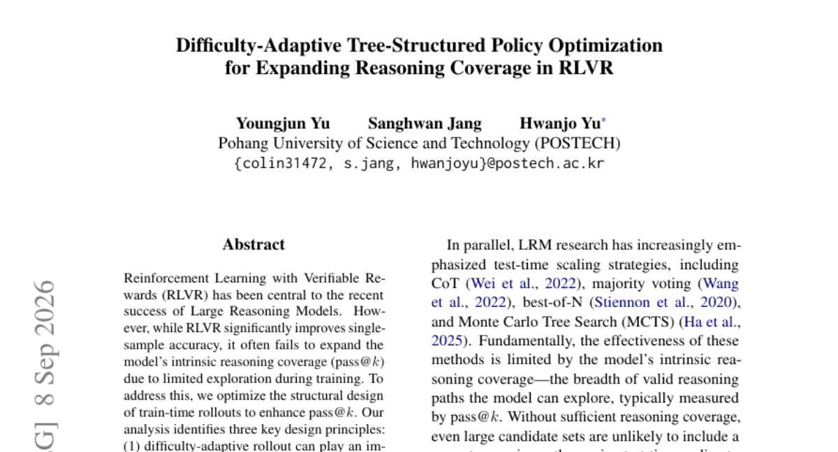 Difficulty-Adaptive Tree-Structured Policy Optimization for Expanding Reasoning Coverage in RLVR