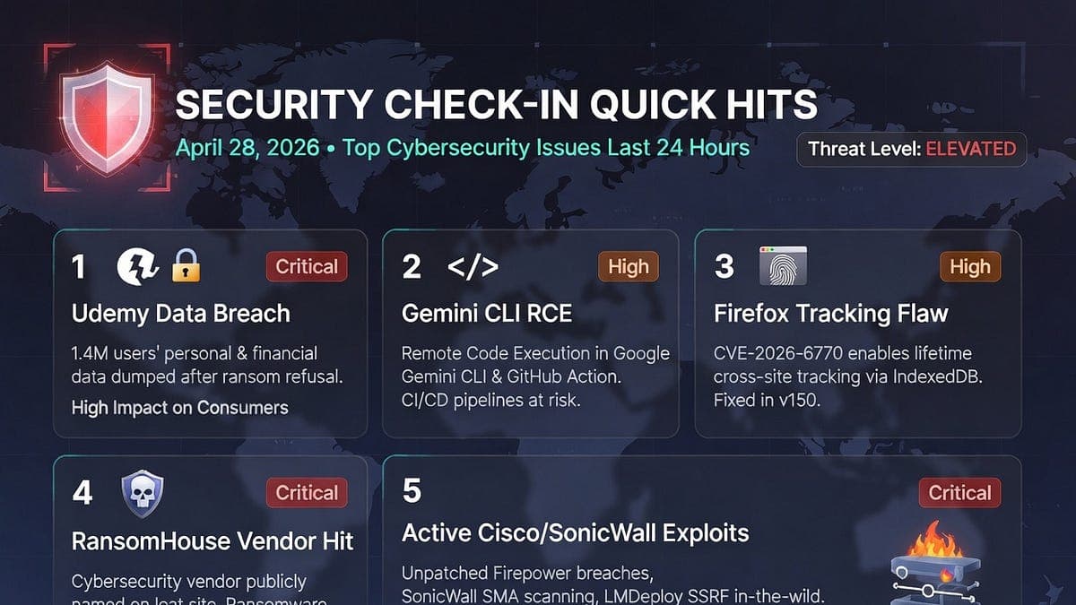 Security Check-in Quick Hits: Udemy Data Breach, Gemini CLI RCE, Firefox Tracking Flaw, RansomHouse Vendor Hit, and Active Cisco/SonicWall Exploits