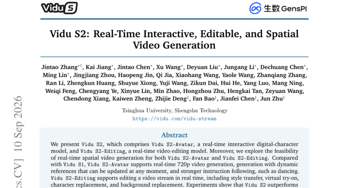 Vidu S2: Real-Time Interactive, Editable, and Spatial Video Generation