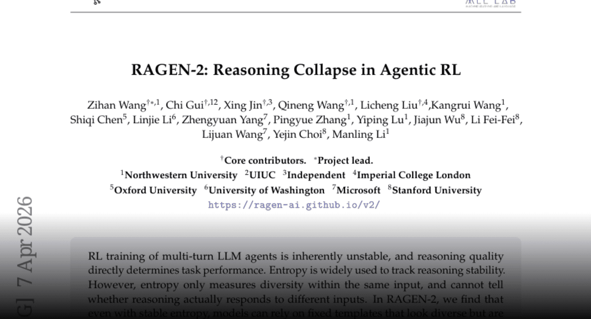Paper page - RAGEN-2: Reasoning Collapse in Agentic RL