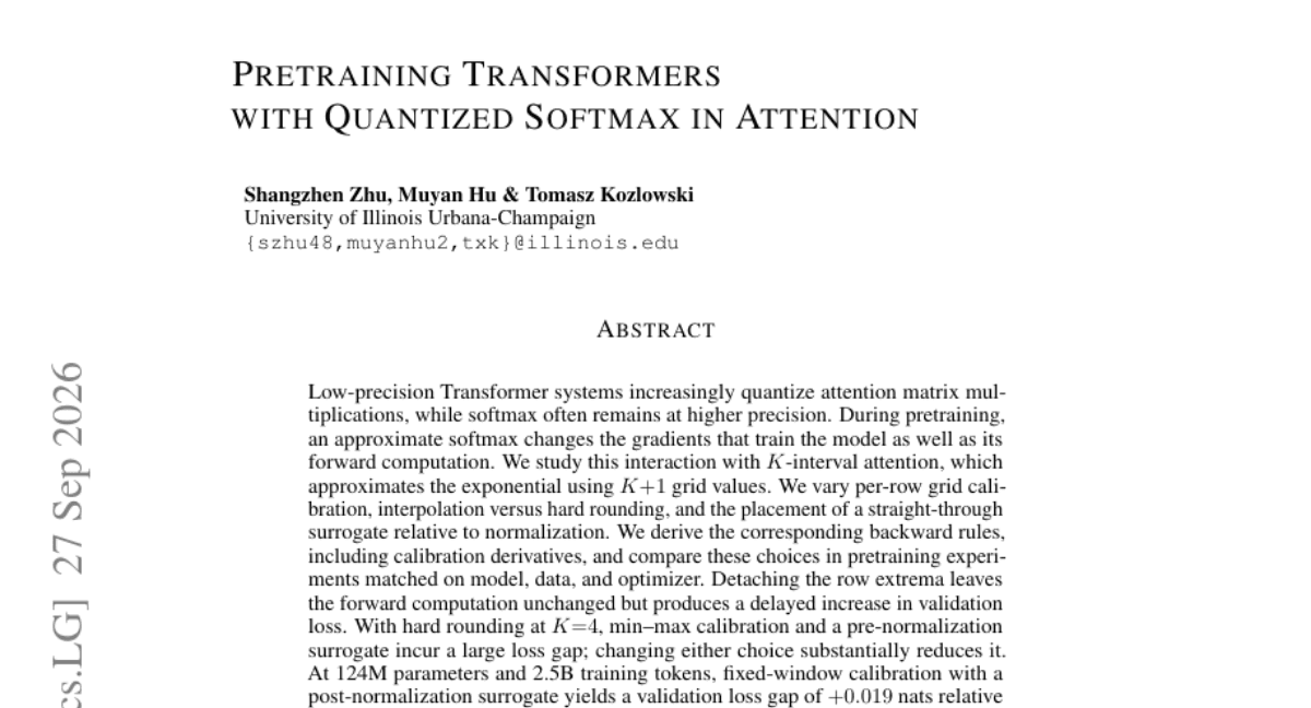 Pretraining Transformers with Quantized Softmax in Attention