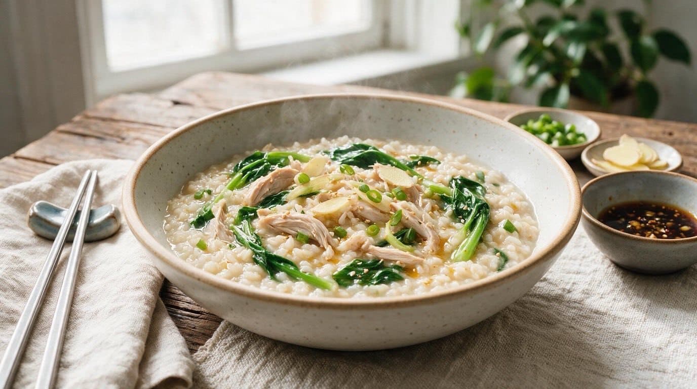 Chinese Congee with Chicken and Steamed Greens from the ...