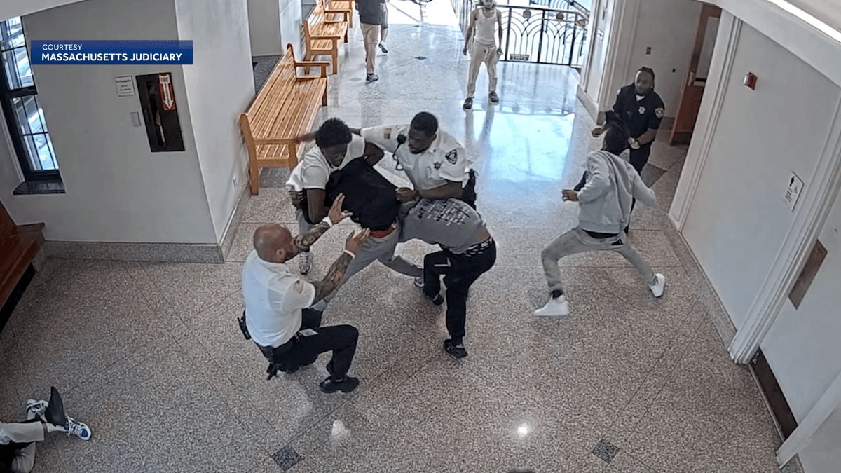 Surveillance video shows courthouse brawl that ends with five arrests