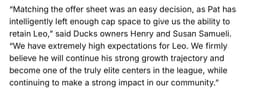 @frank_seravalli: Ducks owners Henry and Susan Samueli said matching the offer sheet for Leo Carlsson was an “easy dec...